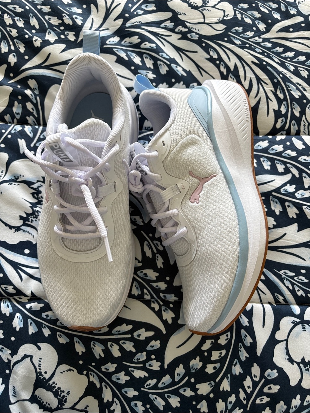 Puma Women’s White Running Sneakers with Light Blue Trim & Pink Logo